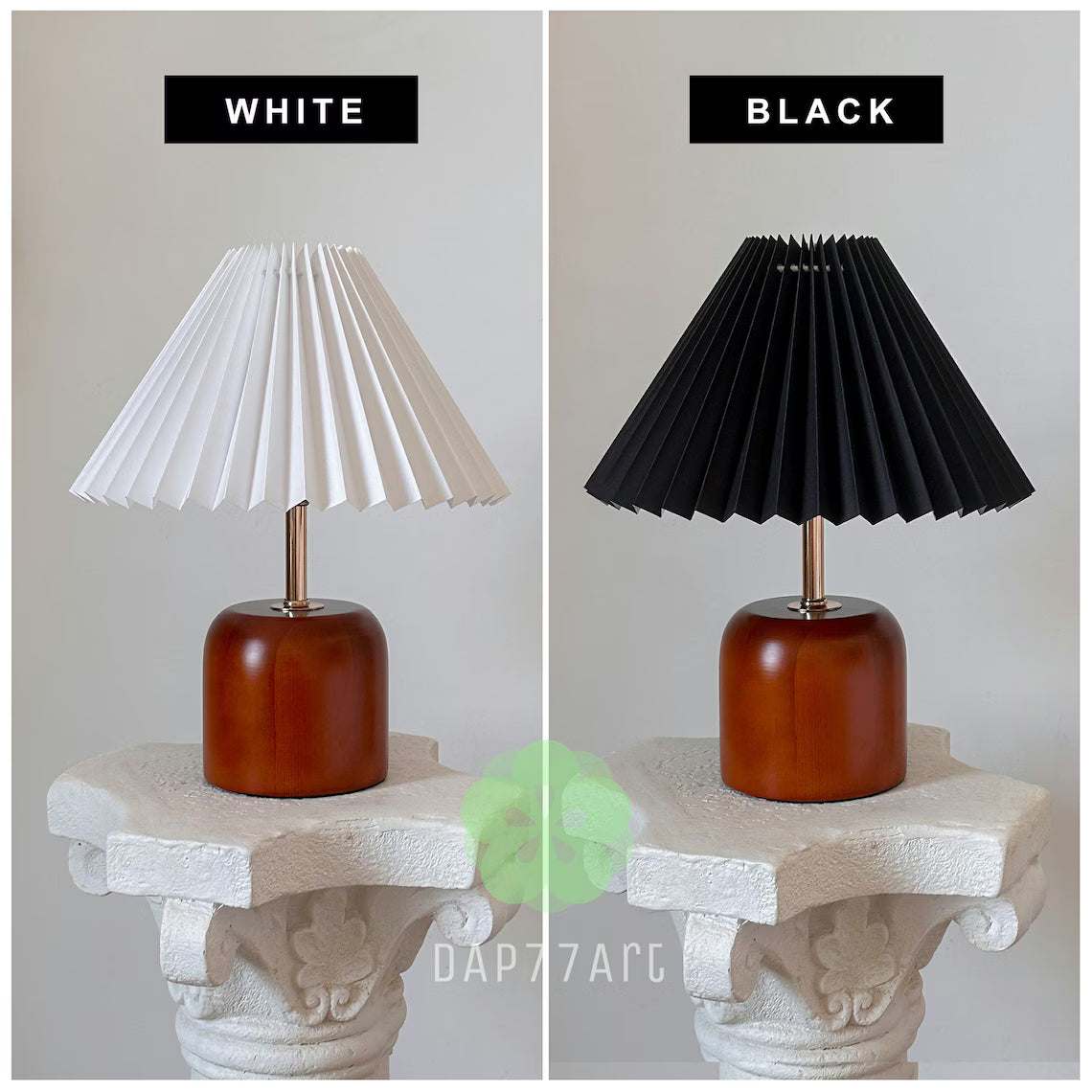 Handmade Oak Wooden Vintage Table Lamp, Pleated Fabric Shade 110-240V, Bedroom Kitchen Rustic Cozy Art Decor, Japandi Nightstand Desk Lamp