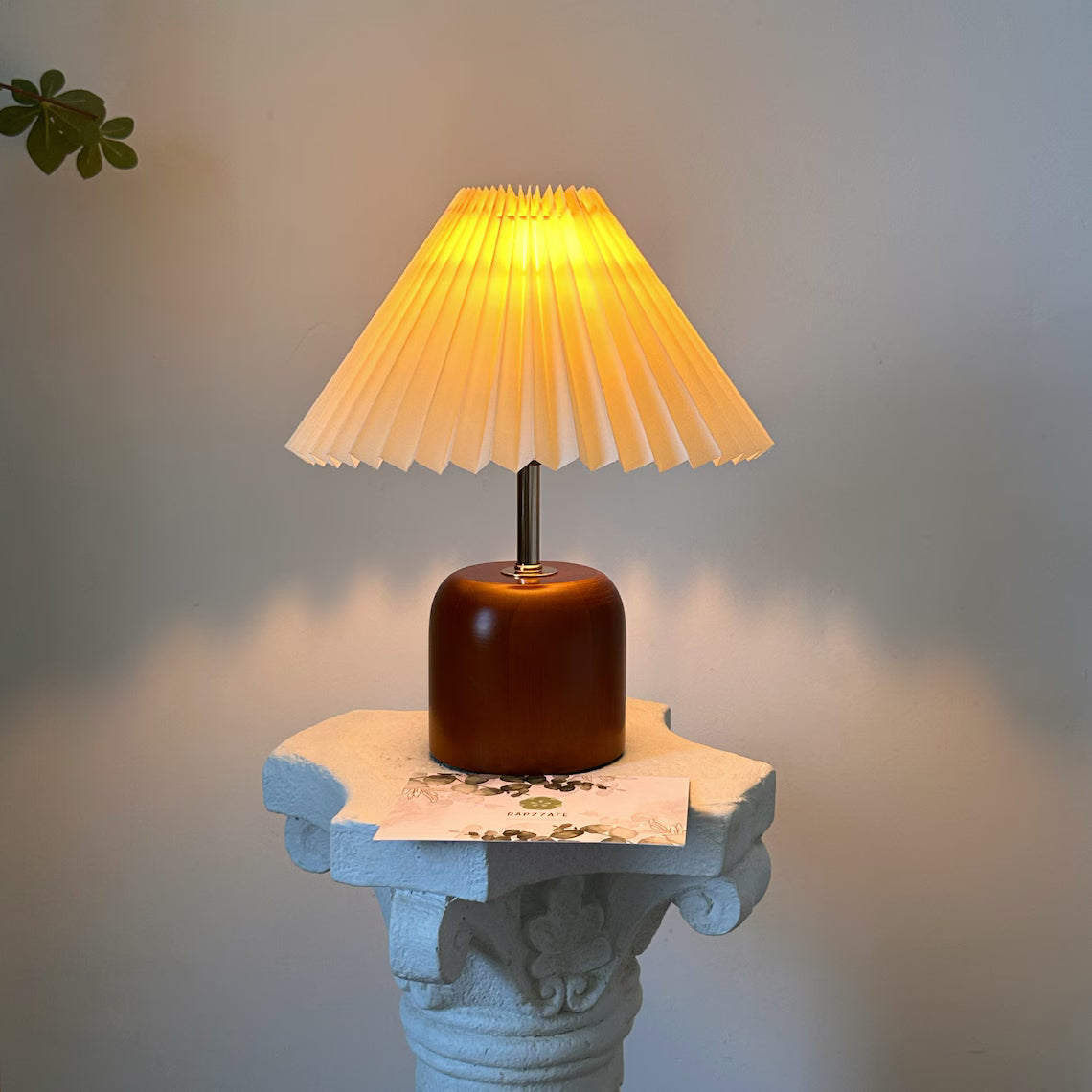 Handmade Oak Wooden Vintage Table Lamp, Pleated Fabric Shade 110-240V, Bedroom Kitchen Rustic Cozy Art Decor, Japandi Nightstand Desk Lamp